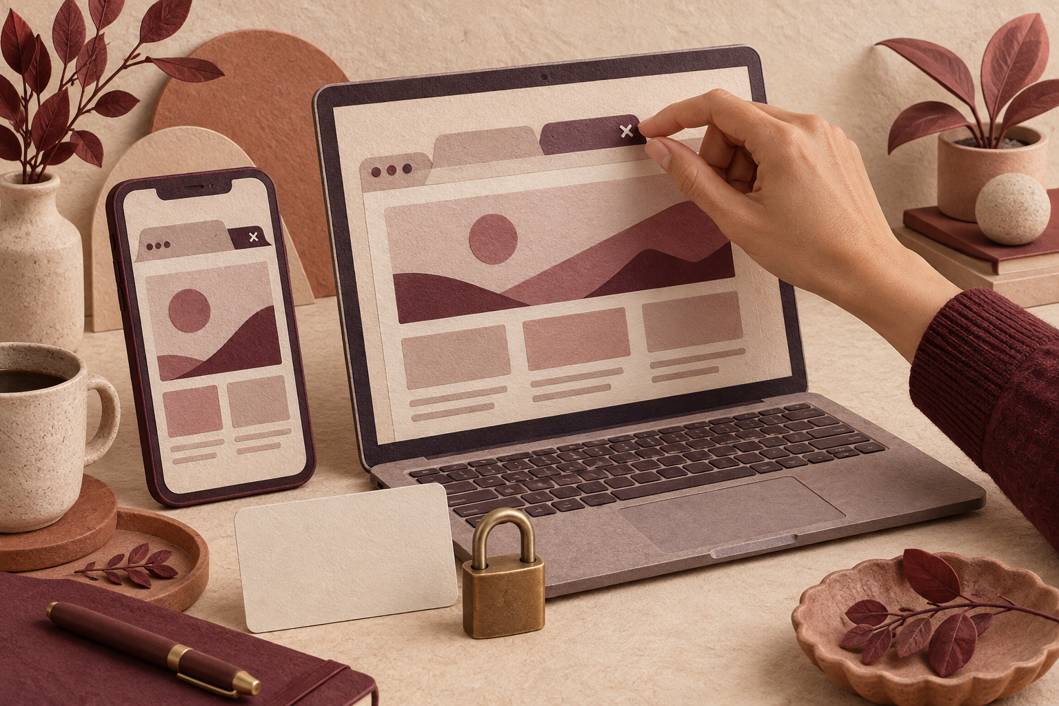 Ilustrasi ponsel dan laptop untuk akses melalui peramban, disertai simbol kunci dan kartu kosong.