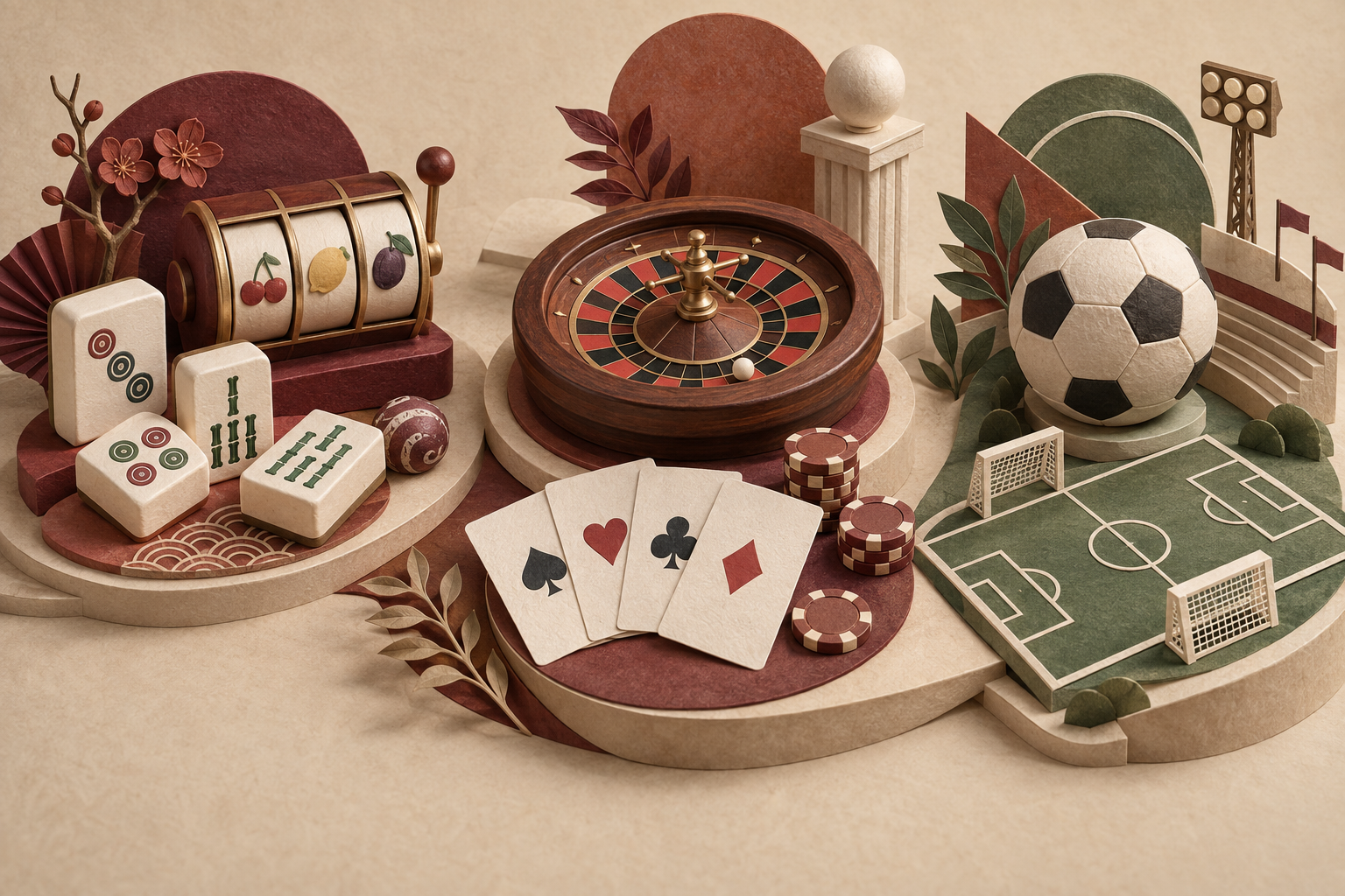 Ilustrasi kategori slot, meja kasino, dan olahraga dalam warna krem dan merah anggur.